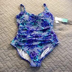 Sea & Sand NWT Tropical Floral Striped One-Piece Swimsuit Sz 22W
